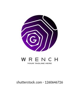Wrench logo template, mechanic, machine technology industrial emblem or sign, symbol, mechanical engineering icon, G