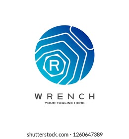 Wrench logo template, mechanic, machine technology industrial emblem or sign, symbol, mechanical engineering icon, R,