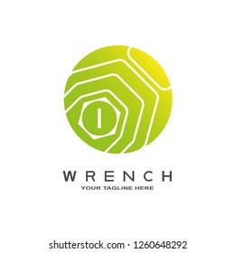 Wrench logo template, mechanic, machine technology industrial emblem or sign, symbol, mechanical engineering icon, I,