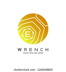 Wrench logo template, mechanic, machine technology industrial emblem or sign, symbol, mechanical engineering icon, E,