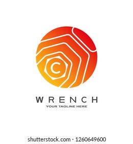 Wrench logo template, mechanic, machine technology industrial emblem or sign, symbol, mechanical engineering icon, C,