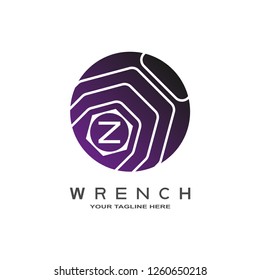 Wrench logo template, mechanic, machine technology industrial emblem or sign, symbol, mechanical engineering icon, Z,