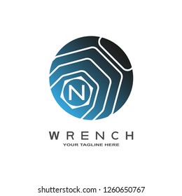 Wrench logo template, mechanic, machine technology industrial emblem or sign, symbol, mechanical engineering icon, N