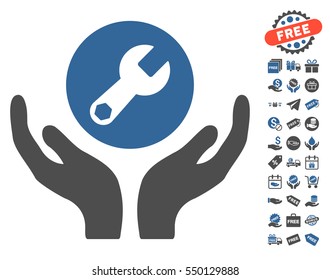 Wrench Maintenance icon with free bonus graphic icons. Vector illustration style is flat iconic symbols, cobalt and gray colors, white background.