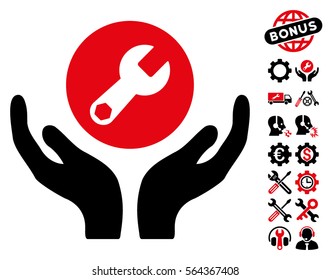 Wrench Maintenance pictograph with bonus settings pictures. Vector illustration style is flat iconic intensive red and black symbols on white background.