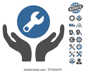 Wrench Maintenance pictograph with bonus settings symbols. Vector illustration style is flat iconic cobalt and gray symbols on white background.