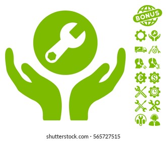Wrench Maintenance pictograph with bonus setup tools icon set. Vector illustration style is flat iconic eco green symbols on white background.