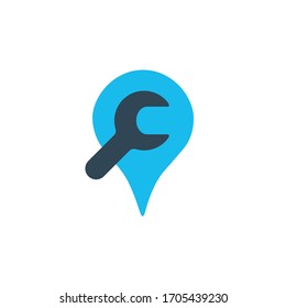 Llave en el icono o logotipo del pasador de mapa. Signo de servicio de Camión, símbolo del pin de reparación de mapas. Ilustración vectorial de material aislada en fondo blanco.