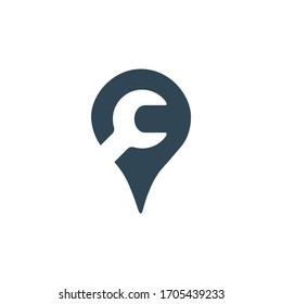 Llave en el icono o logotipo del pasador de mapa. Signo de servicio de Camión, símbolo del pin de reparación de mapas. Ilustración vectorial de material aislada en fondo blanco.
