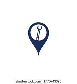 vector de diseño de la plantilla de diseño del logotipo de la forma del pin de mapa en llave. Icono del logotipo de reparación de llave con elemento gráfico de swoosh