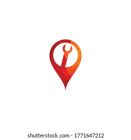 wrench map pin shape concept logo design template vector. Wrench repair logo icon with swoosh graphic element	