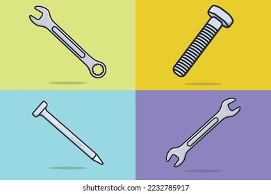 Llave, Llave de espantador métrico, perno estructural y diseño de vectores de colección de herramientas de uñas metálicas. Conjunto de ilustraciones vectoriales de herramientas de trabajo Mecánicas y Construcción. Diseño del logotipo del servicio de reparación de automóviles.