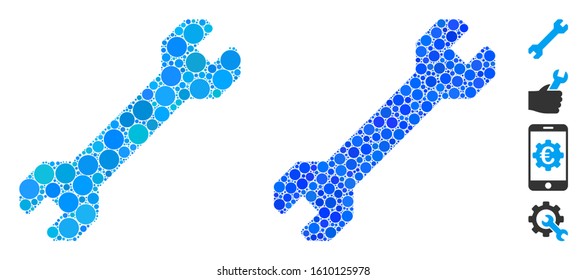 Wrench mosaic of filled circles in different sizes and color tinges, based on wrench icon. Vector filled circles are combined into blue composition. Dotted wrench icon in usual and blue versions.
