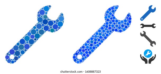 Wrench mosaic of filled circles in variable sizes and color tinges, based on wrench icon. Vector random circles are composed into blue mosaic. Dotted wrench icon in usual and blue versions.