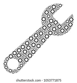 Wrench mosaic of gear components. Vector cog wheel items are combined into wrench collage.