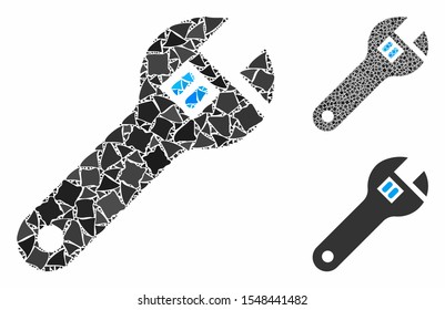 Wrench mosaic of ragged pieces in different sizes and color tints, based on wrench icon. Vector tremulant elements are composed into collage. Wrench icons collage with dotted pattern.