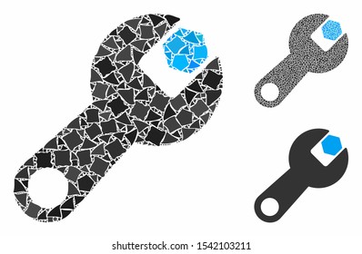 Wrench mosaic of rough elements in variable sizes and color hues, based on wrench icon. Vector irregular elements are combined into collage. Wrench icons collage with dotted pattern.