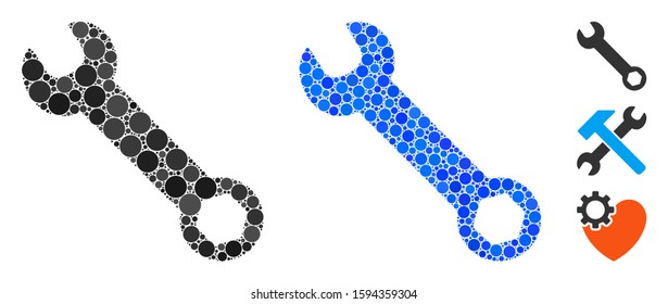 Wrench mosaic of small circles in various sizes and shades, based on wrench icon. Vector filled circles are united into blue mosaic. Dotted wrench icon in usual and blue versions.