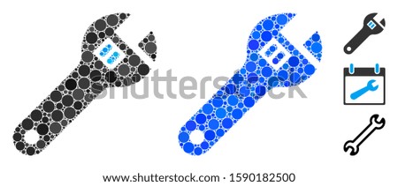 Wrench mosaic of small circles in various sizes and shades, based on wrench icon. Vector filled circles are grouped into blue mosaic. Dotted wrench icon in usual and blue versions.