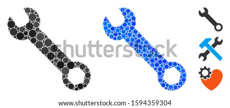 Wrench mosaic of small circles in various sizes and shades, based on wrench icon. Vector filled circles are united into blue mosaic. Dotted wrench icon in usual and blue versions.