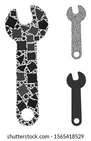 Wrench mosaic of trembly parts in different sizes and color tones, based on wrench icon. Vector unequal pieces are organized into collage. Wrench icons collage with dotted pattern.