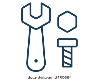 wrench nut bolt single icon white isolated background with outline style