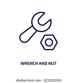 wrench and nut icon from construction tools collection. Thin linear wrench and nut, nut, wrench outline icon isolated on white background. Line vector wrench and nut sign, symbol for web and mobile