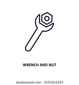 wrench and nut outline icon.  Thin line icon from construction tools collection. Editable vector isolated on white background