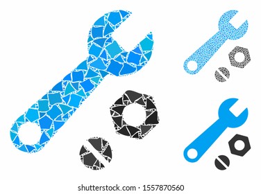 Wrench and nuts composition of inequal pieces in different sizes and color tones, based on wrench and nuts icon. Vector inequal dots are organized into composition.