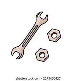 Wrench and nuts, doodle elements of construction tools, vector illustration