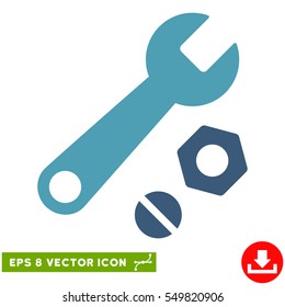 Wrench and Nuts EPS vector pictogram. Illustration style is flat iconic bicolor cyan and blue symbol on white background.
