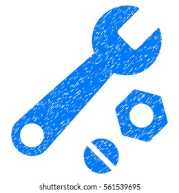 Wrench And Nuts grainy textured icon for overlay watermark stamps. Flat symbol with dust texture. Dotted vector blue ink rubber seal stamp with grunge design on a white background.