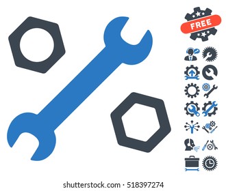 Wrench and Nuts icon with bonus configuration pictograph collection. Vector illustration style is flat iconic smooth blue symbols on white background.
