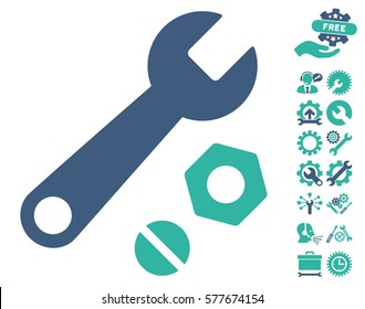 Wrench and Nuts icon with bonus configuration symbols. Vector illustration style is flat iconic cobalt and cyan symbols on white background.