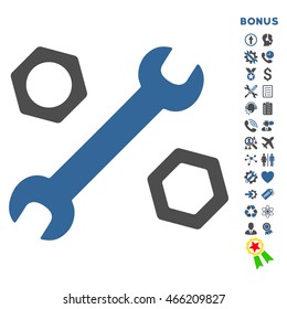 Wrench and Nuts icon with bonus pictograms. Vector style is bicolor flat iconic symbol with rounded angles, cobalt and gray colors, white background.