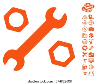 Wrench and Nuts icon with bonus quadrocopter tools pictograph collection. Vector illustration style is flat iconic symbols on white background.