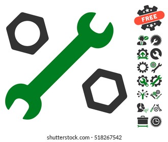 Wrench and Nuts icon with bonus settings symbols. Vector illustration style is flat iconic green and gray symbols on white background.