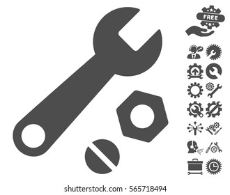 Wrench and Nuts icon with bonus settings clip art. Vector illustration style is flat iconic gray symbols on white background.