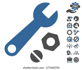 Wrench and Nuts icon with bonus settings icon set. Vector illustration style is flat iconic cobalt and gray symbols on white background.