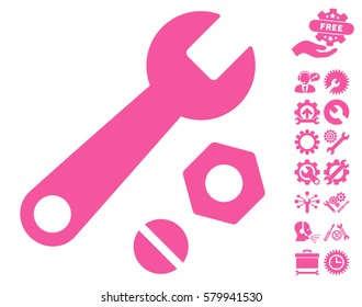 Wrench and Nuts icon with bonus settings icon set. Vector illustration style is flat iconic pink symbols on white background.