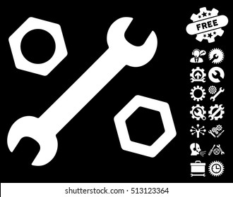 Wrench and Nuts icon with bonus setup tools clip art. Vector illustration style is flat iconic white symbols on black background.