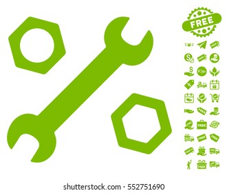 Wrench and Nuts icon with free bonus symbols. Vector illustration style is flat iconic symbols, eco green color, white background.