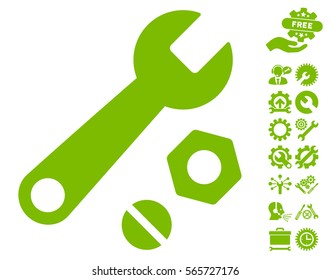Wrench and Nuts pictograph with bonus configuration pictures. Vector illustration style is flat iconic eco green symbols on white background.