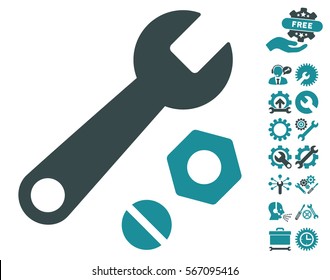 Wrench and Nuts pictograph with bonus options clip art. Vector illustration style is flat iconic soft blue symbols on white background.