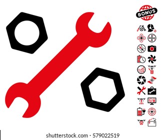 Wrench and Nuts pictograph with bonus quad copter tools graphic icons. Vector illustration style is flat iconic intensive red and black symbols on white background.