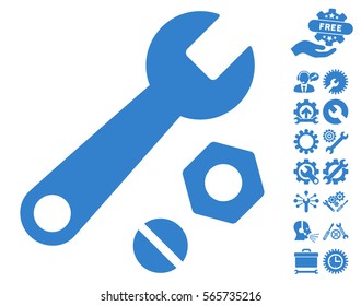 Wrench and Nuts pictograph with bonus service images. Vector illustration style is flat iconic cobalt symbols on white background.