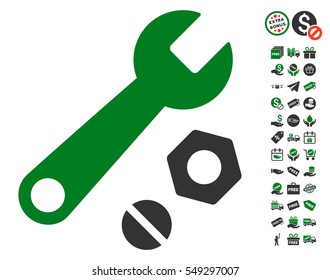 Wrench and Nuts pictograph with free bonus clip art. Vector illustration style is flat iconic symbols, green and gray colors, white background.