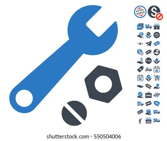Wrench and Nuts pictograph with free bonus pictures. Vector illustration style is flat iconic symbols, smooth blue colors, white background.