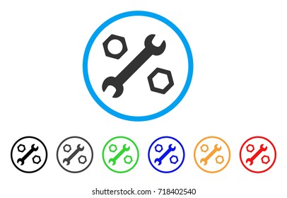 Wrench And Nuts rounded icon. Style is a flat wrench and nuts gray symbol inside light blue circle with black, gray, green, blue, red, orange versions. Vector designed for web and software interfaces.