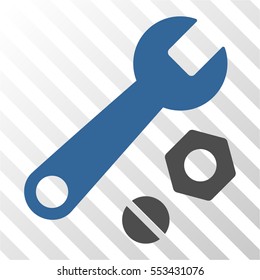 Wrench and Nuts vector icon. Illustration style is flat iconic bicolor cobalt and gray symbol on a hatched transparent background.